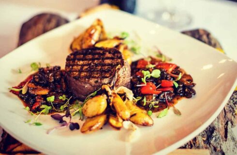 8oz Black Angus Filet Mignon with Sauce Calabrese and Roasted Fingerling Potatoes