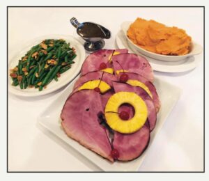 Holiday baked ham, green bean almondine, mashed sweet potatoes, pineapple brown sugar & Dijon glaze