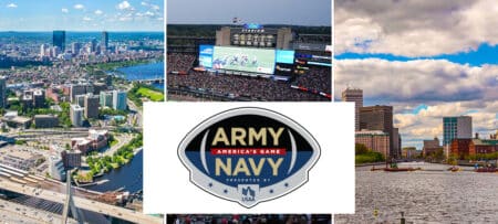 Three skyline photos of Boton, Gillette Stadium, and Providence behind the banner for Army vs. Navy.