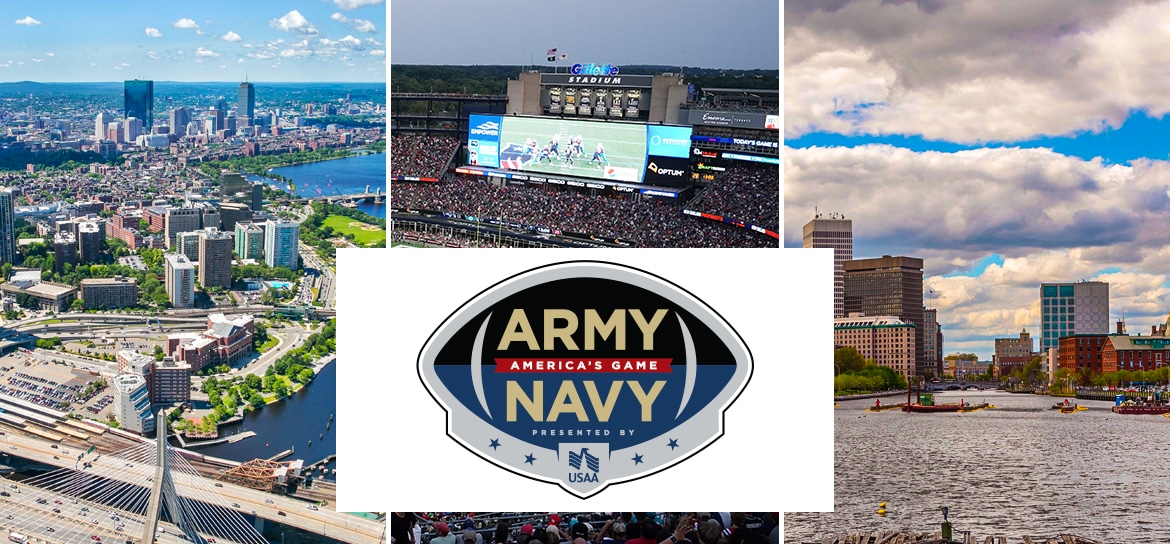 Three skyline photos of Boton, Gillette Stadium, and Providence behind the banner for Army vs. Navy.
