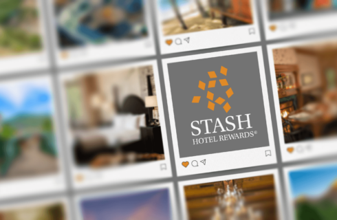 Blurred gallery of photos surrounding the Stash Hotel Rewards Logo.