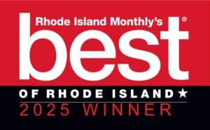 Rhode Island Monthly’s Best of Rhode Island 2025 Winner badge with bold red, black, and white design.