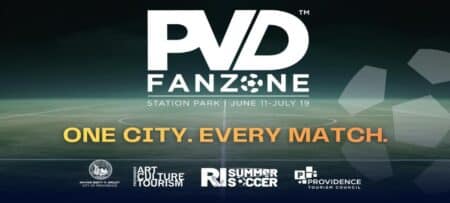 PVD Fan Zone promotional graphic featuring a soccer field background, the PVD Fan Zone logo, and the slogan “One City. Every Match.” with Providence tourism and Summer of Soccer partner logos along the bottom.