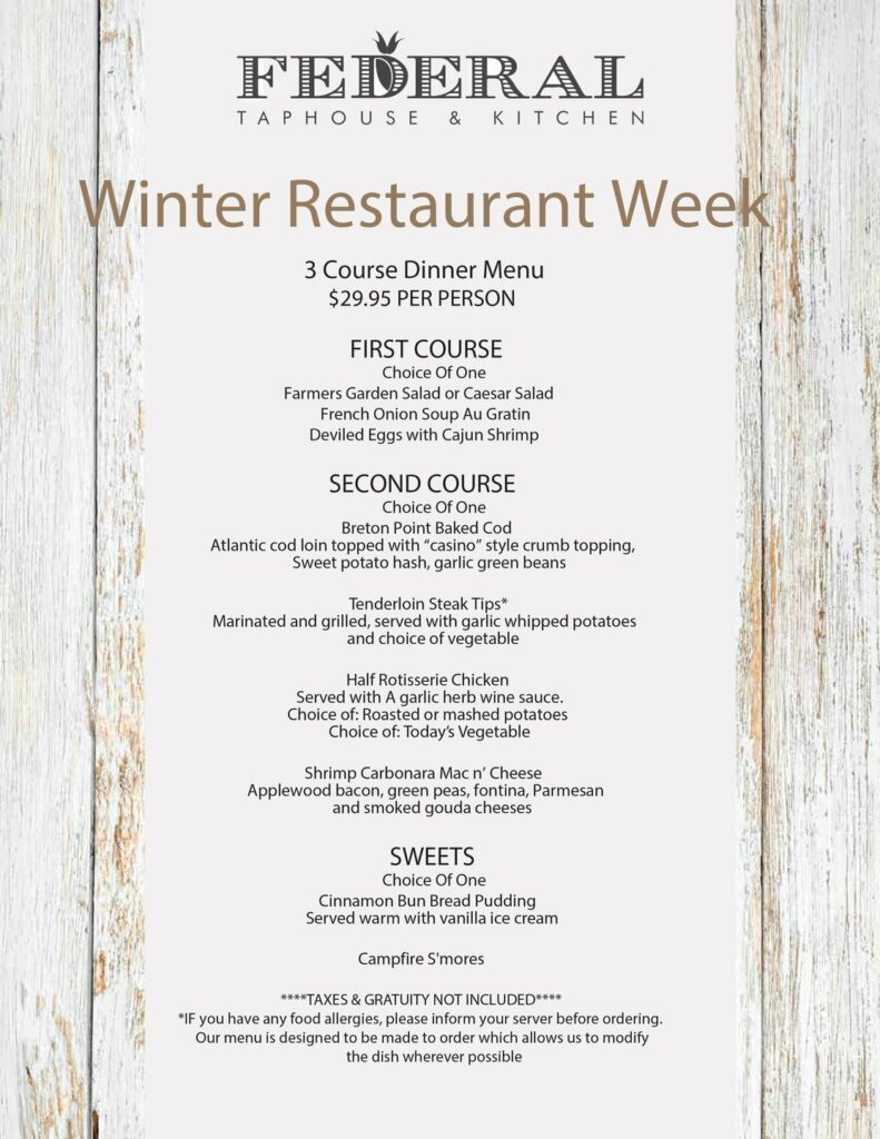 Federal Taphouse & Kitchen winter restautant weeks menu.