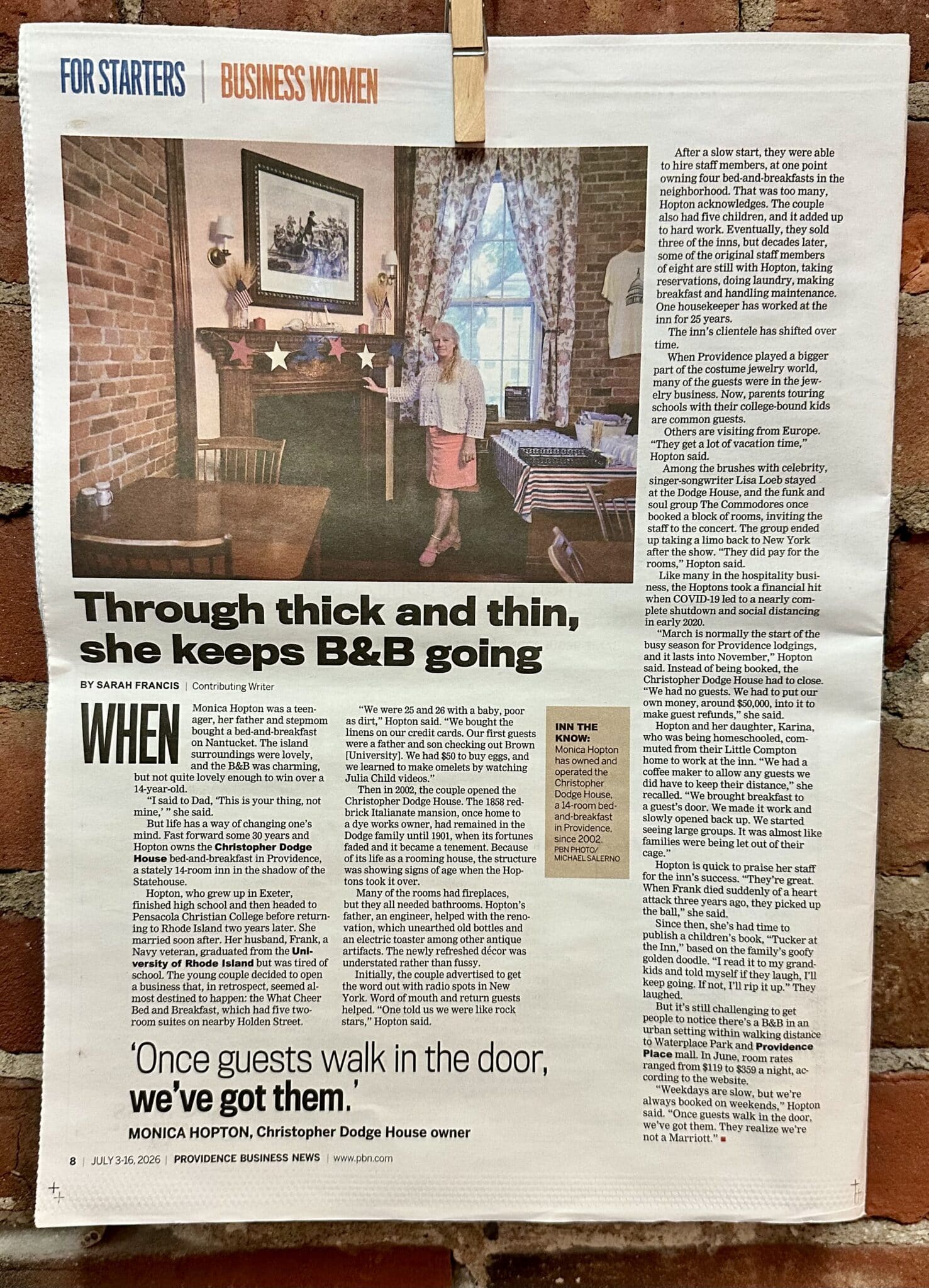 Providence Business News feature highlighting Christopher Dodge House owner Monica Hopton and her journey as a Rhode Island bed and breakfast owner.
