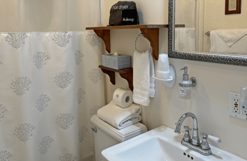 A bathroom with a sink, mirror, toilet, and shower.