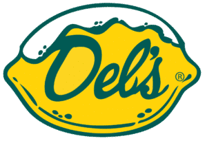 Yellow lemon with green letter and the word Del's.