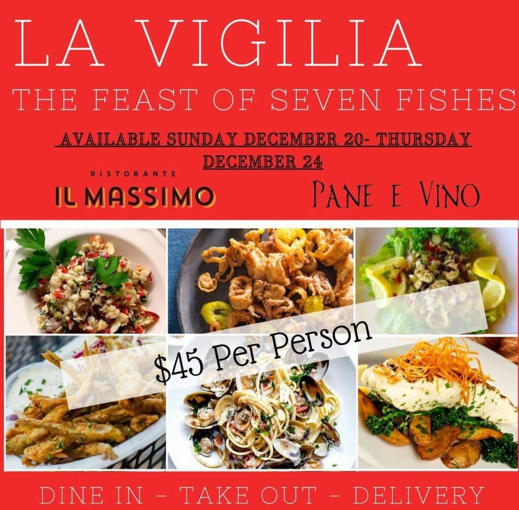 A collage of 6 seafood dishes for La Vigilia "Feast of the 7 fishes".