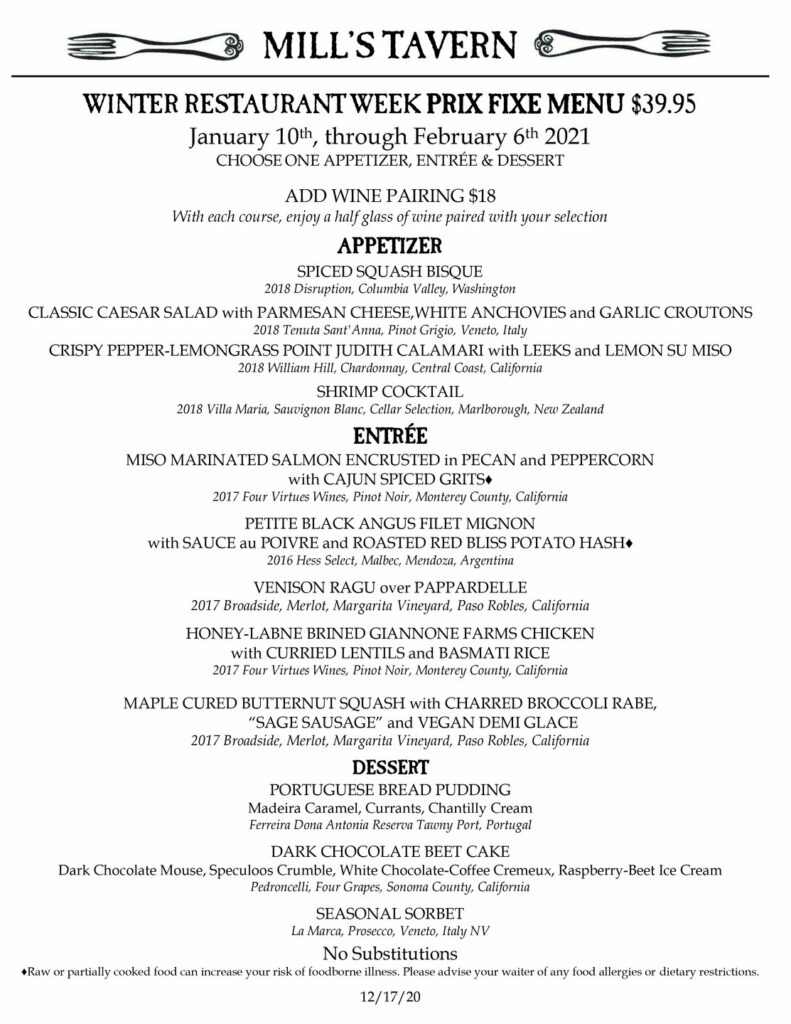 Mill's Tavern winter restautant weeks menu