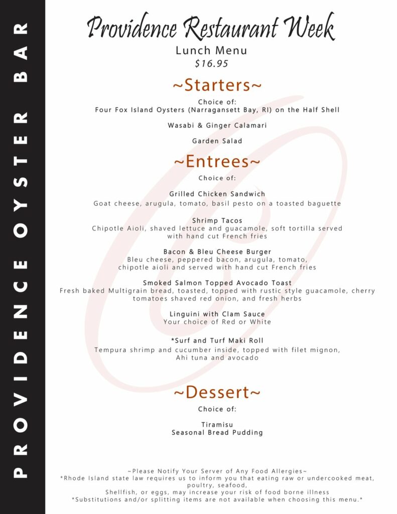 Providence Oyster Bar winter restautant weeks menu.