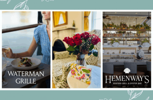 Collage promoting romantic packages at a historic inn, featuring roses and gift in a guest room, dining at Waterman Grille, and seafood restaurant Hemenway’s.