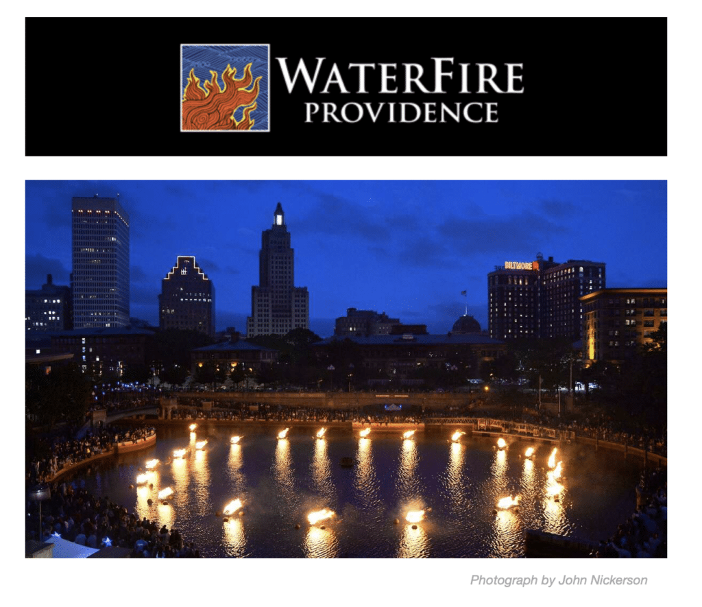 WaterFire braisers are lit in the basin at Providence Place.