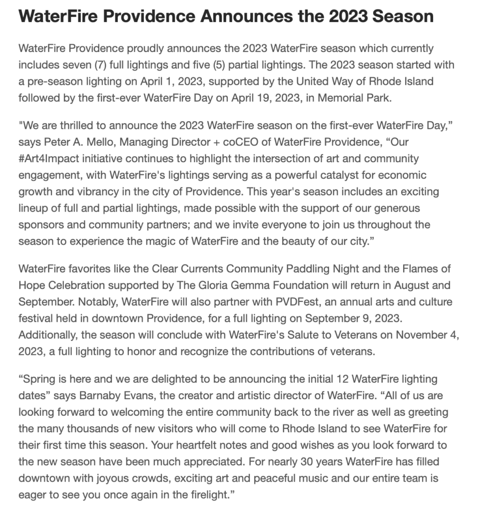 The 2023 WaterFire season announcement press release.