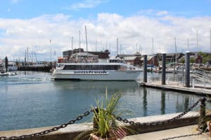 The Sea Streak Ferry docking in sunny Newport, Rhode Island.