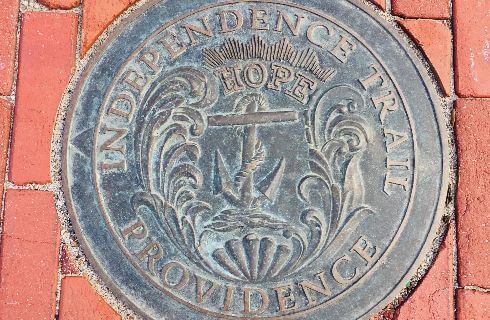 Large round brass marker: Independence Trail - Providence.