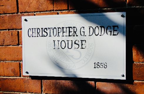 Historical marker - white with black text: Christopher Dodge House - 1858