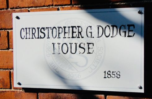 Historical marker - white with black text: Christopher Dodge House - 1858