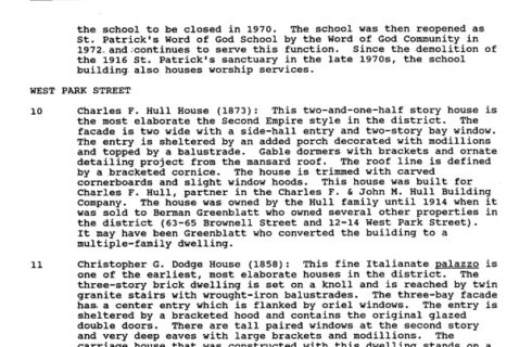 A page of black text about the history of the Christopher Dodge House