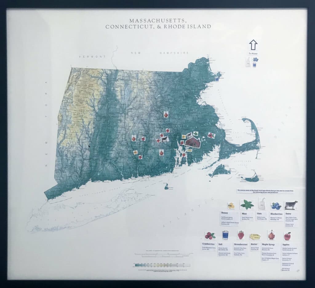 Large framed map of locally sourced ingredients from New England.
