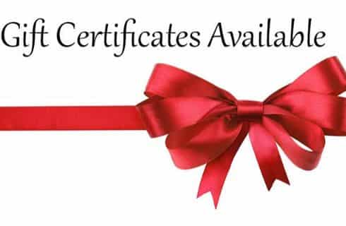 A red ribbon and bow with the words Gift Certificates Available.