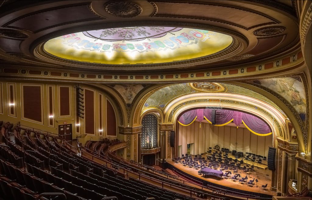 Stage and seating view on the interior of the Veterans Memorial Auditorium.